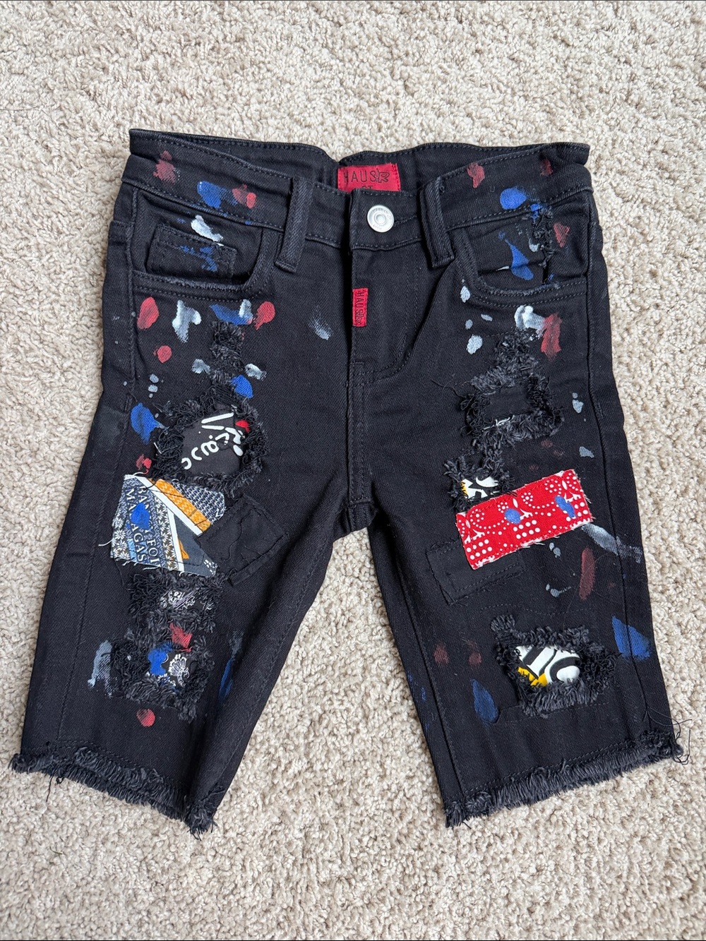 Haus of JR Kids Distressed Denim Shorts with Patch & Paint Details - Black